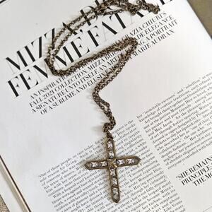 Distressed Metal Rhinestones Crystal Wrapped Cross Faith Necklace 29"